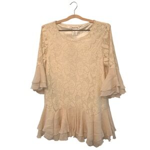 Paisley Vine Lace Tunic Bell Sleeve‎ Ruffle Hem Chic Boho Elegant Top SZ M